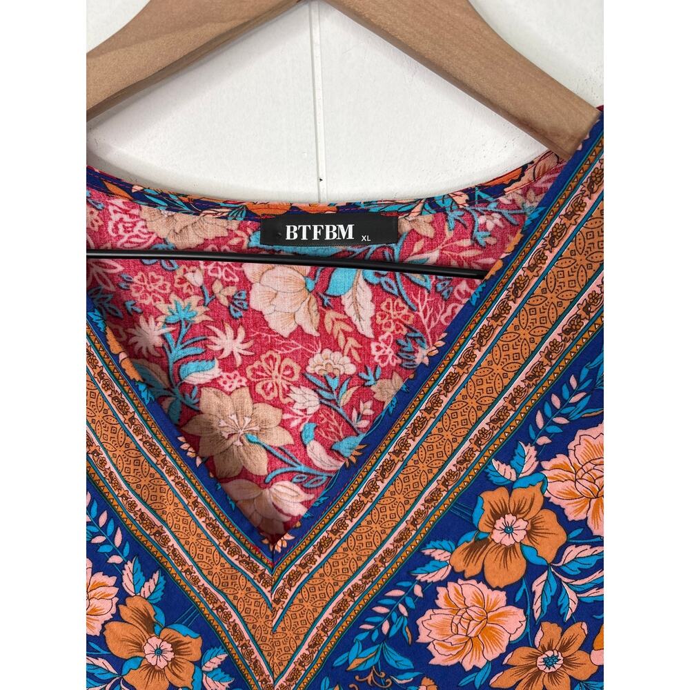 BTFBM Boho Floral Babydoll Dress XL Casual Flowy Summer Spring Vacation Red - Picture 7 of 9